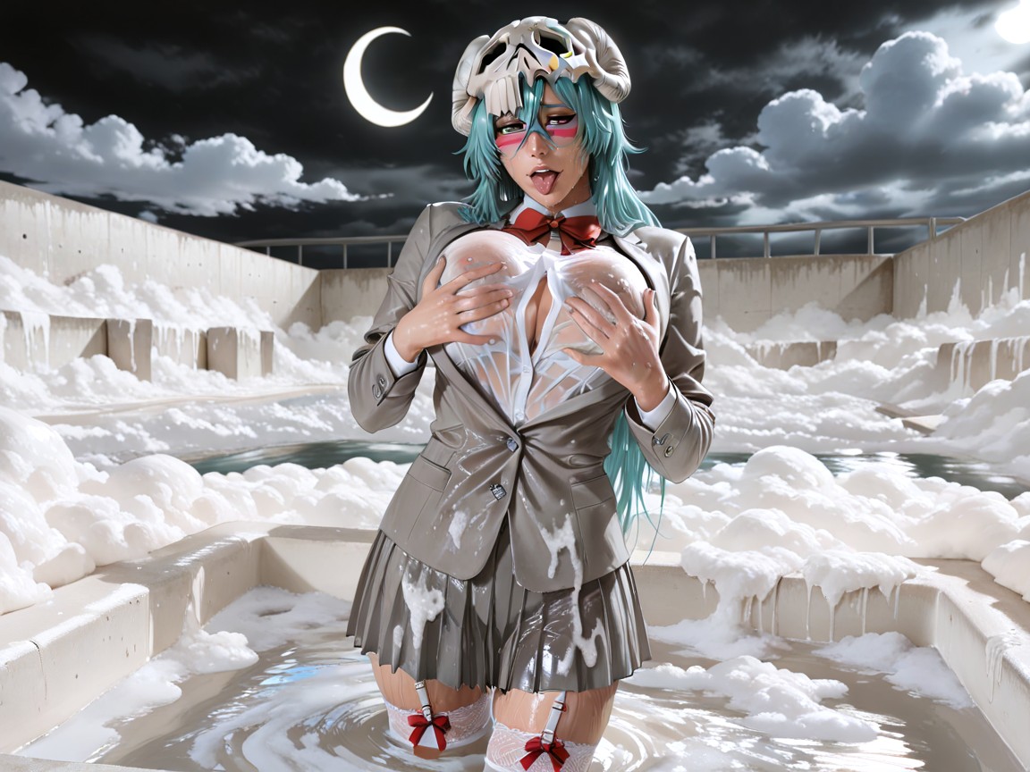 Wet Grey Uniform Blazer Over A Wet Seethrough Long-sleeved Buttoned-up White Uniform Blouse, Crescent Moon, Best Detailed Hair Hentai AI Porn