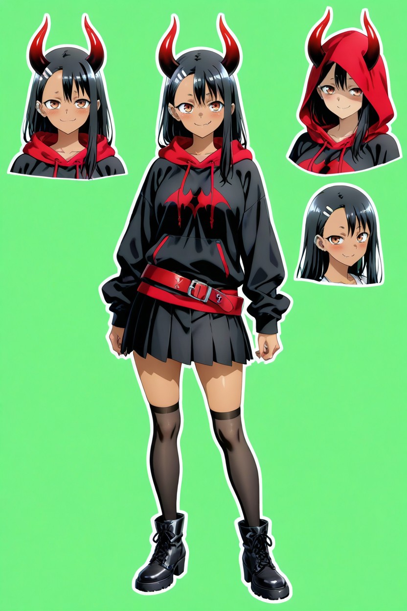Nagatoro, Feminine Demon Hoodie, Simple Background Hentai AI Porn