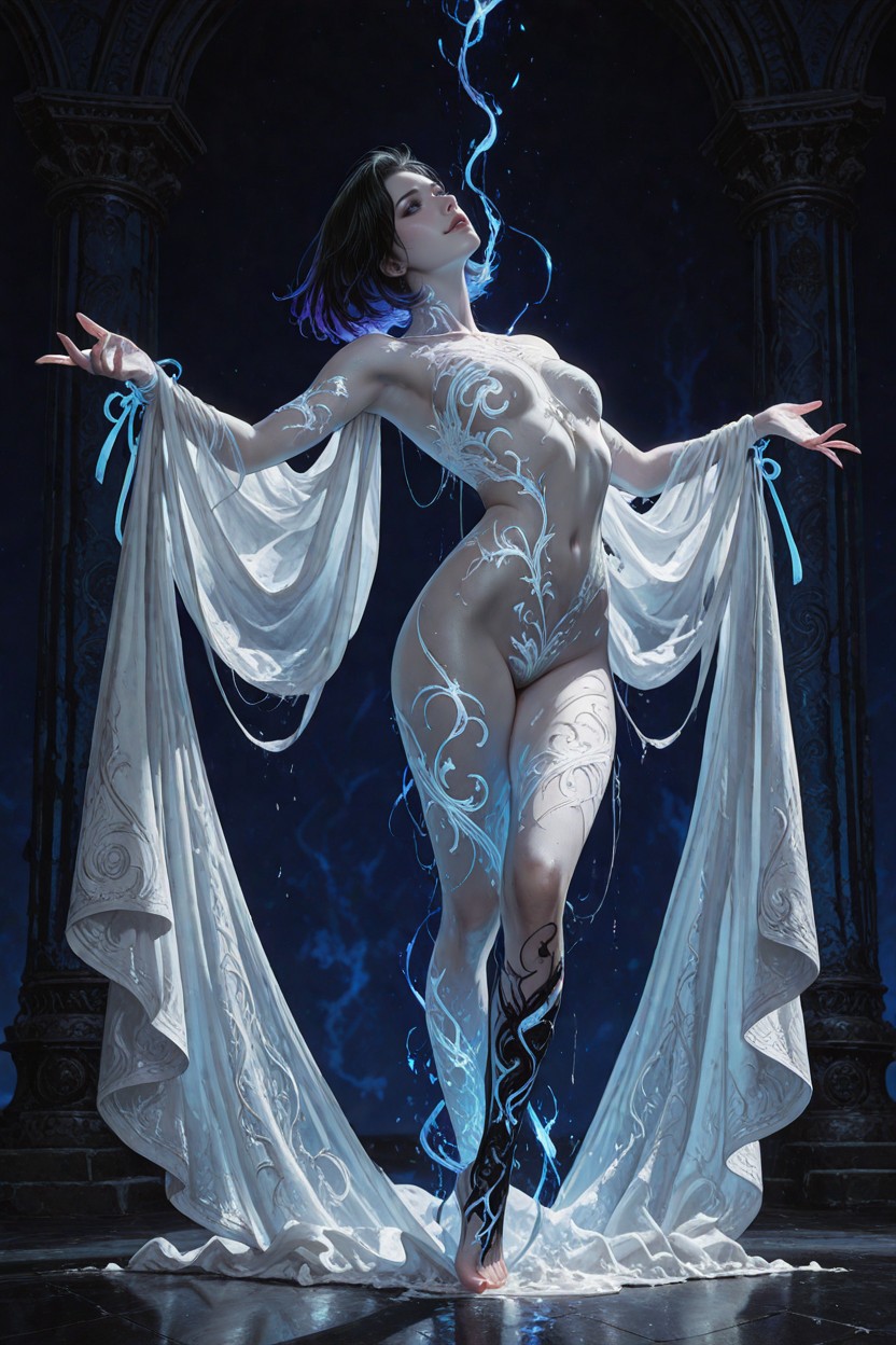 Deep Indigo And Black Shadows Dominate The Composition, Ethereal Capturing A Dynamic, Short Length Hentai AI Porn