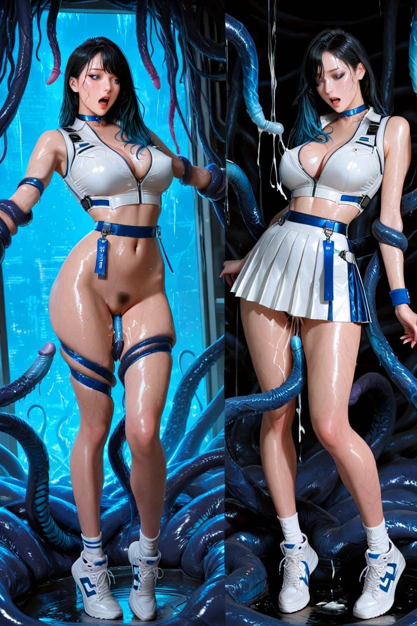 Wet Body, And High-resolution Character-design Quality, While A Larger Blue “” Marking Appears On The Upper Left Side Of Her Chest She Wears An White Pleated Miniskirt With Crisp Hentai AI Porn