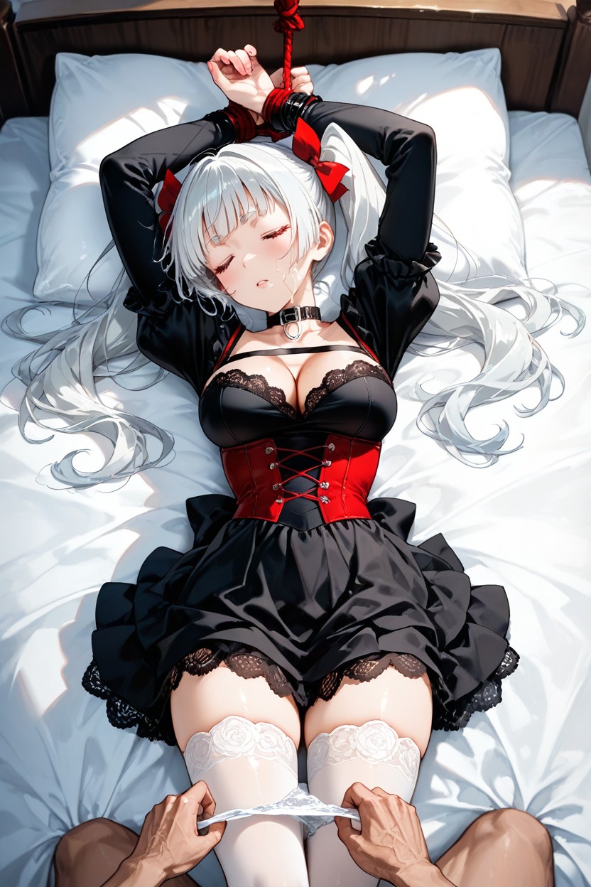 Arms Raised, Laying On Her Back, Silver-white Hair Hentai AI Porn