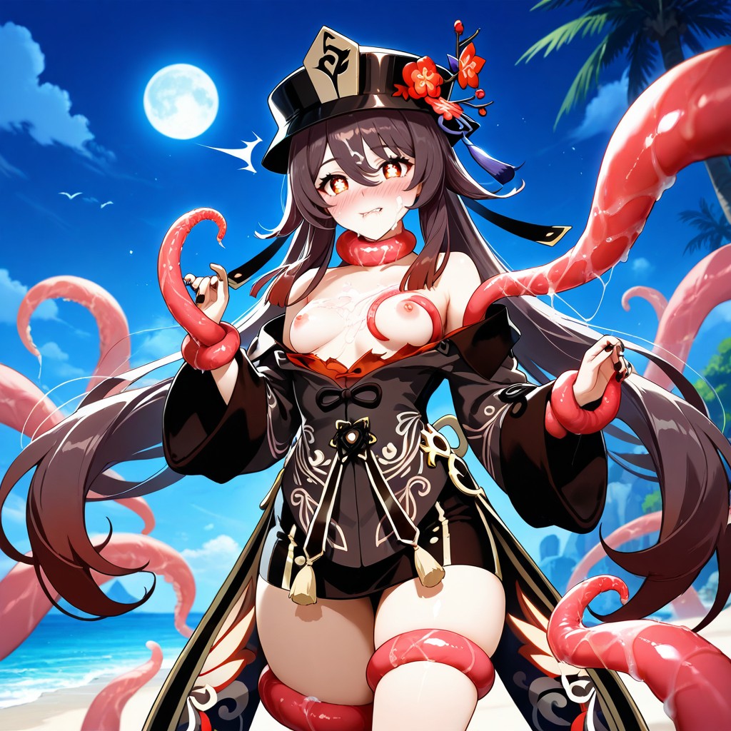 Hu Tao Walking Alone On The Beach, Tentacles Stalk Her From Behind, 25+ Hentai AI Porn