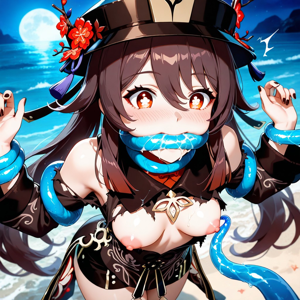 Small Breasts, The Tentacles Is In Her Mouth, At Night Blue Moonlight Hentai AI Porn