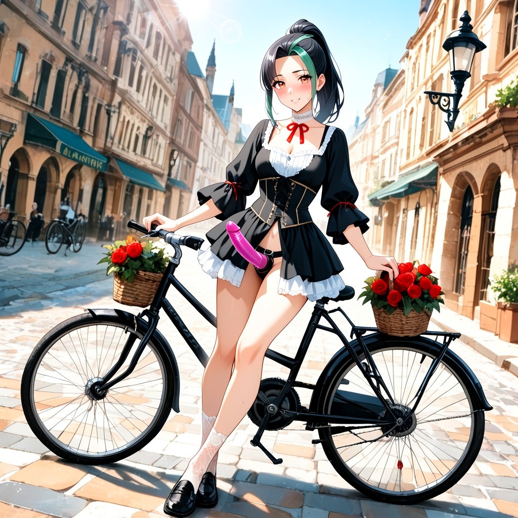 Front View, Black Frilly Victorian Skirt, Wispy Hair Bangs Hentai AI Porn