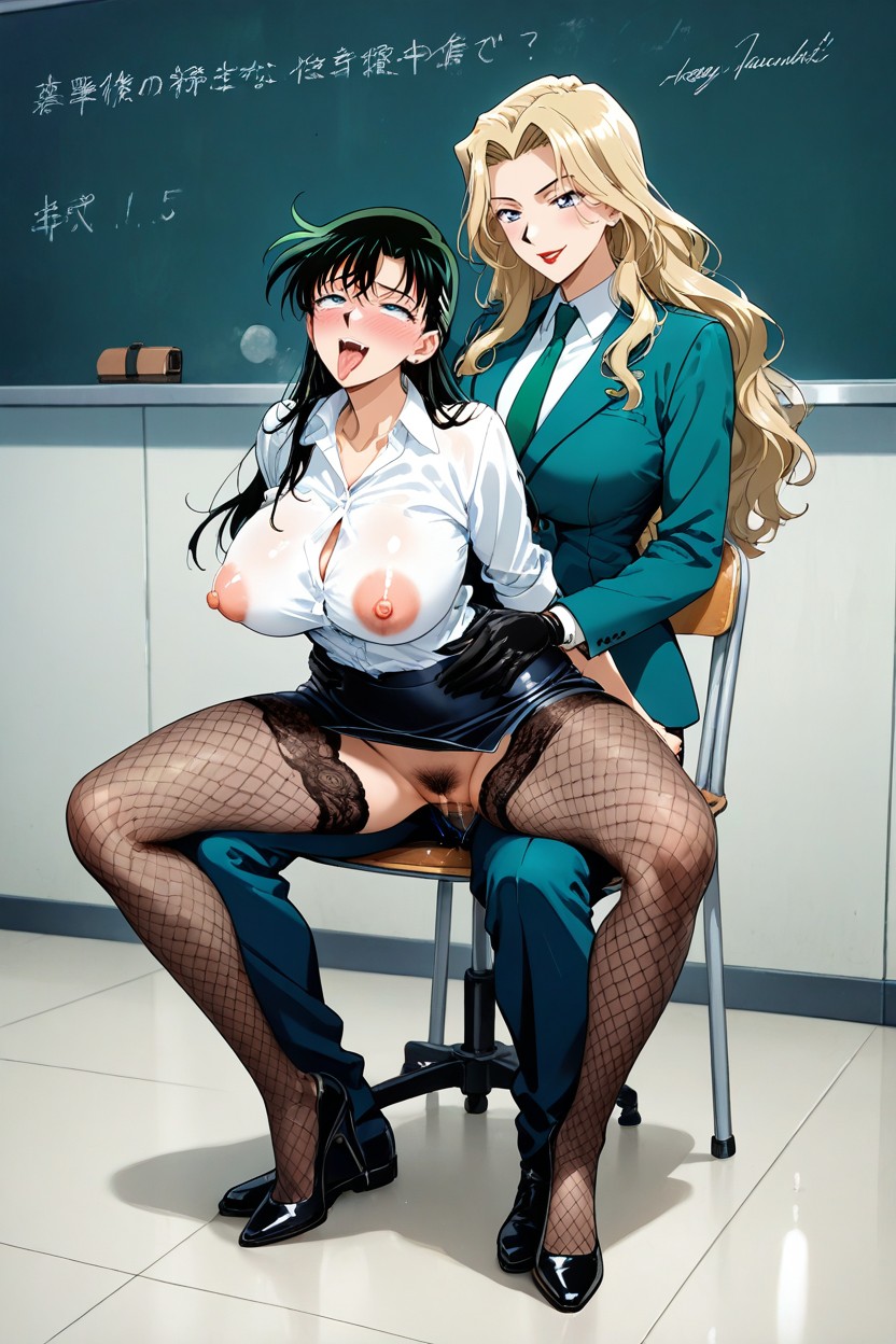 Puffy Nipples, Black Lace Patterned Pantyhose, Large Breasts Hentai AI Porn