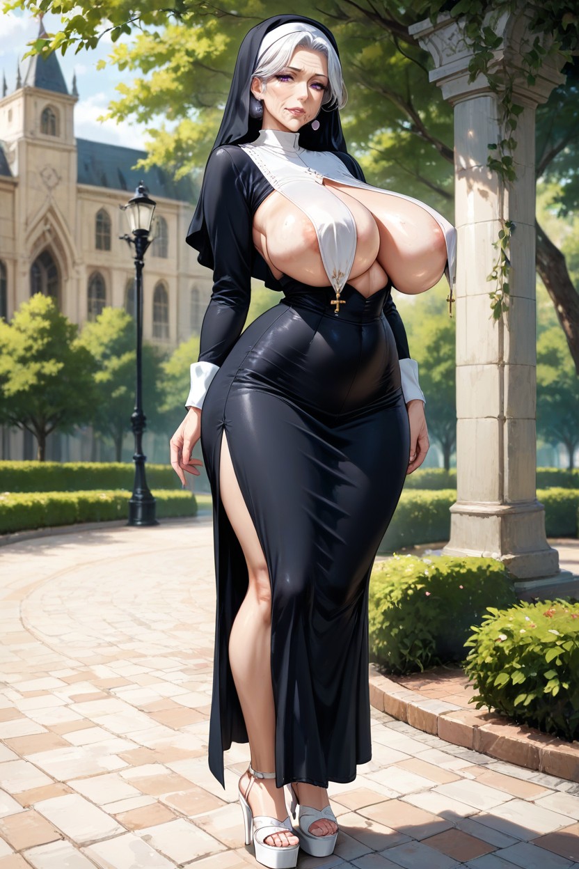 Curvy Figure, White Hair, Wrinkles Around Mouth Hentai AI Porn