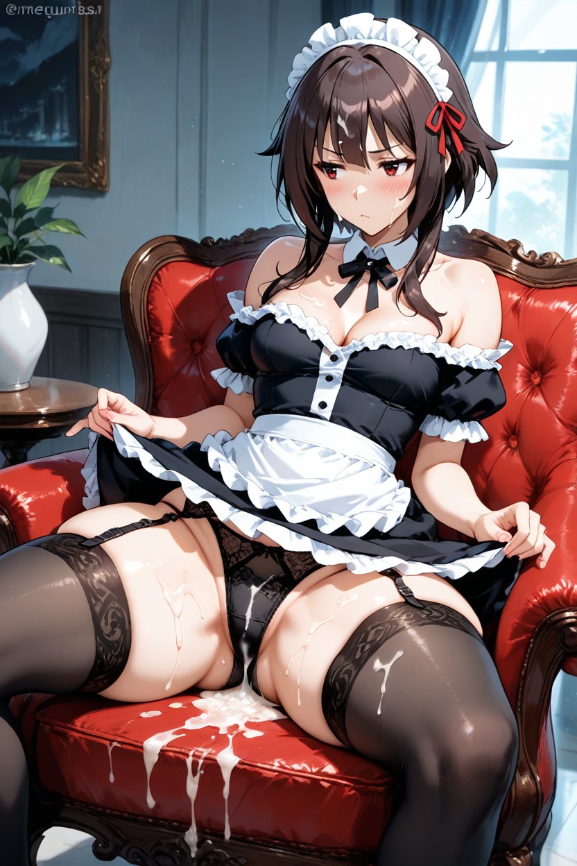 Exposed Shoulders, Maid Outfit, Cum On Panties Hentai AI Porn