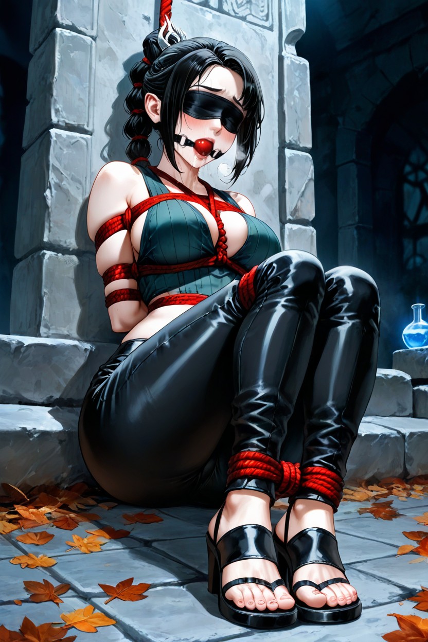 And The Dewy Sheen Of Her Skin Color Palette Desaturated Cool Greys, High-contrast Chiaroscuro The Primary Light Is Cold, Her Back Against A Moss-covered Stone Pillar Or A Crumbling Wall Her Posture Is Defined By Tight Bondage Her Legs Are Bent And Drawn Closely Towards Her Torso Hentai AI Porn