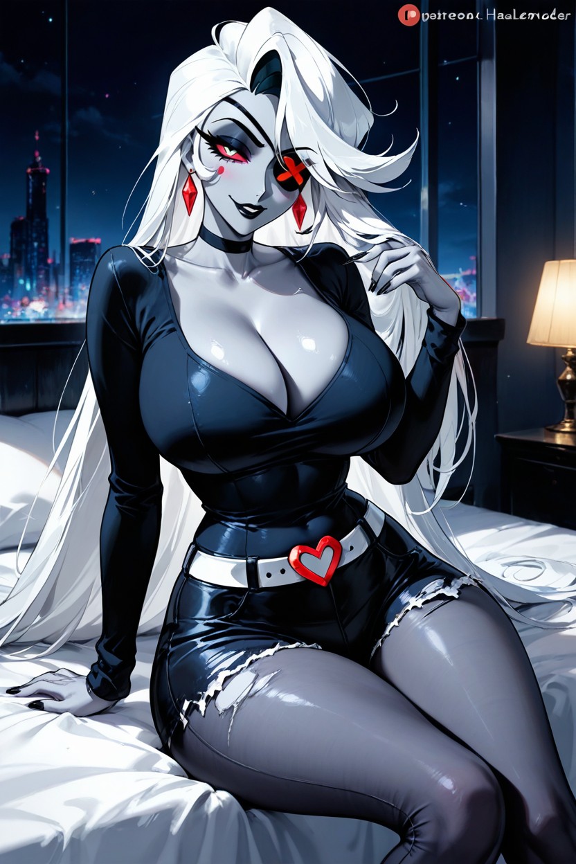 Vaggie From Hazbin Hotel, Ripped Hotpants, Sitting On Bed Hentai IA
