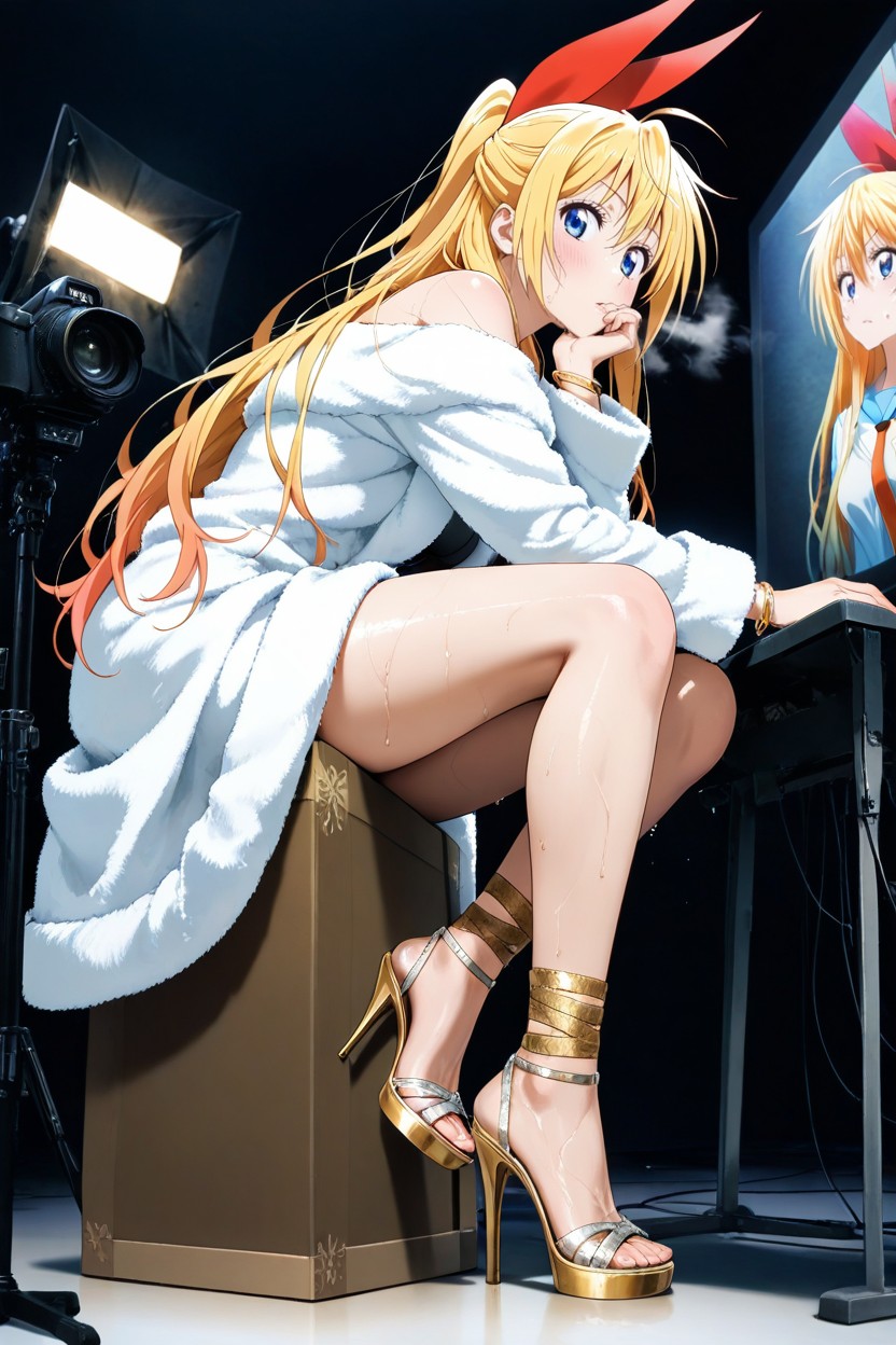 Sit On Box, Blonde Hair, Luxury Leg-wrap Heels Hentai AI Porn