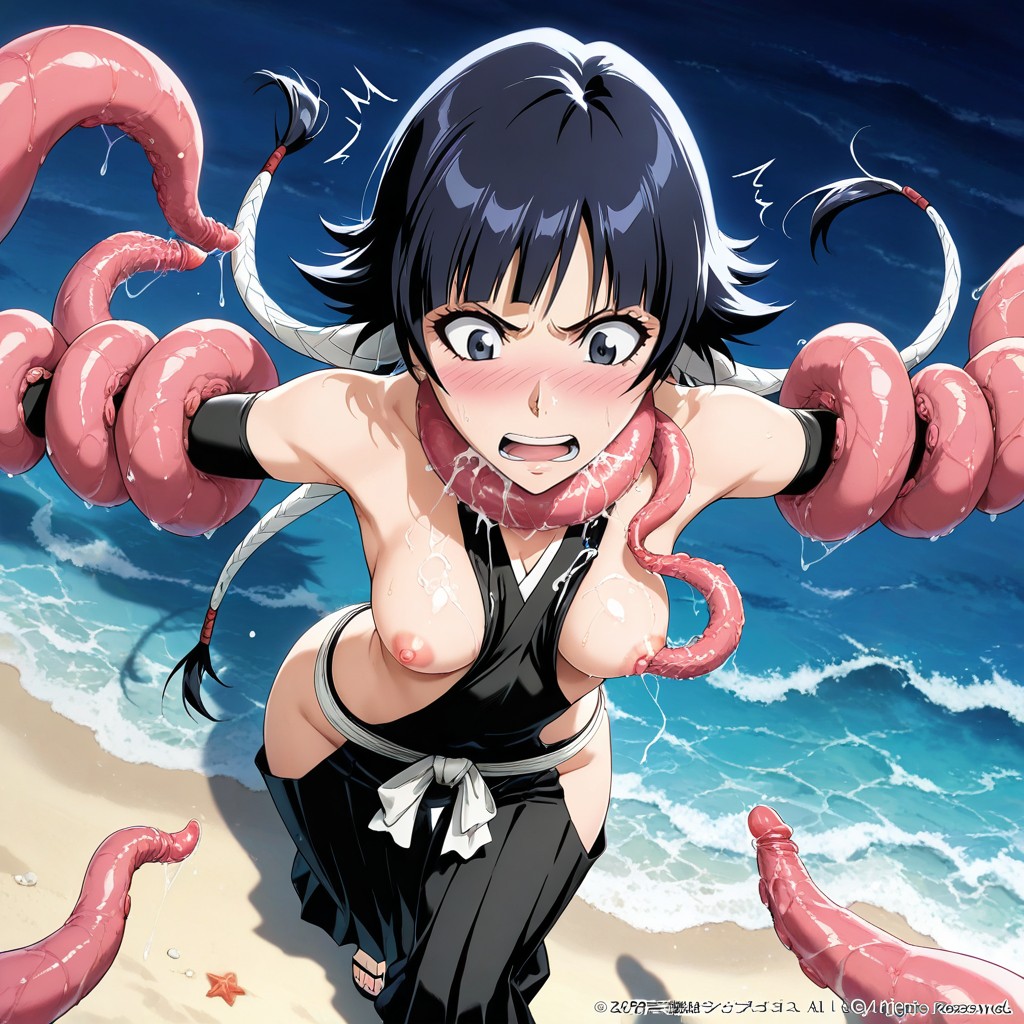 Embarrassed , Tentacles Monster From The Ocean, Beach At Night Under Moonlight Hentai AI Porn