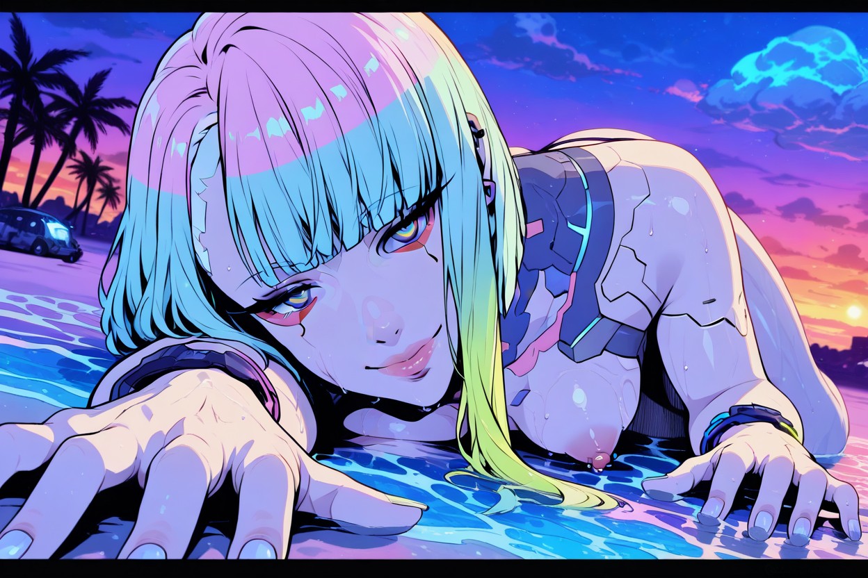 Hyper Realistic And Highly Detailed Panorama, Lying Prone In The See Water On The Beach, Culo Pequeño Hentai IA