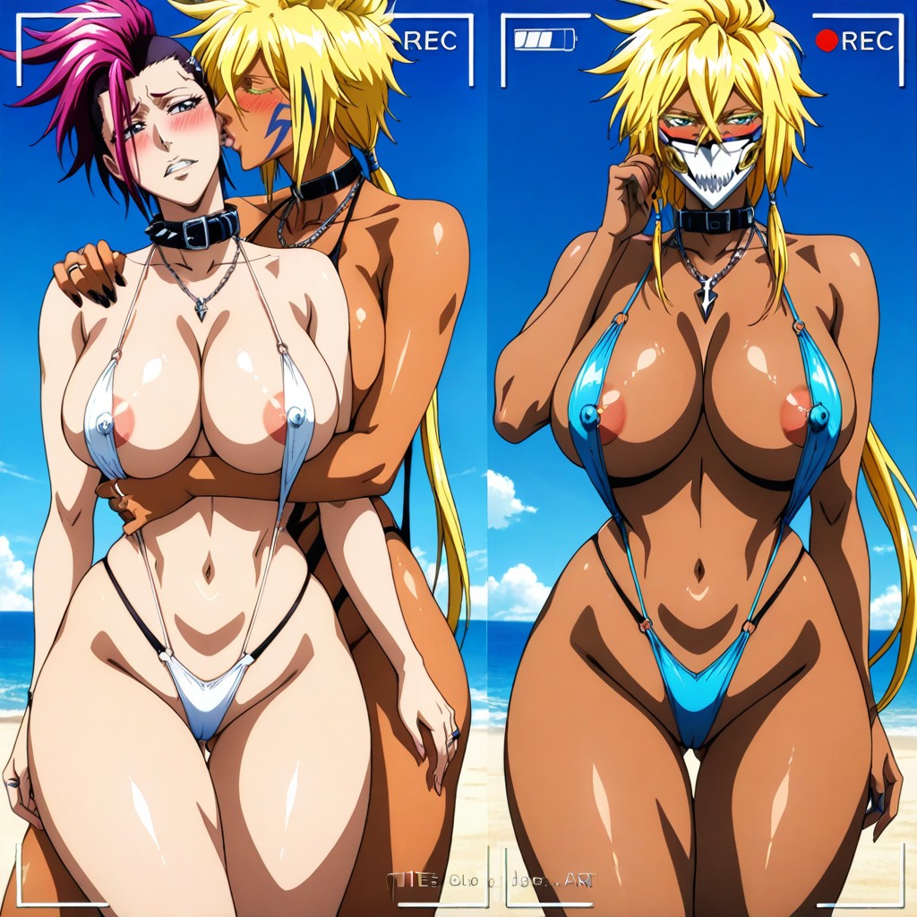 Horny Lesbian, Camera Recording During Sex While Tier Harribel Kissing Her Mohawk Punk Woman Girlfriend, Mohawk Punk Woman Is A Horny Female Pervert Winning Tier Harribel's Love Hentai AI Porn
