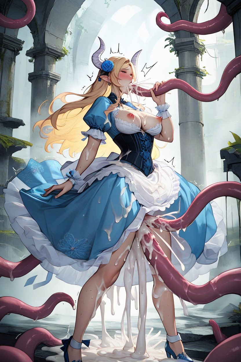 Woman Gives Blowjob To Tentacles, And Pale-blue Victorian Dress With Layered Lace, Ruffles Hentai AI Porn