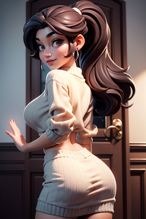 And Side Of Her Breast The Sweater's Sleeves Are Loose, Emphasizing The Subject, Round Buttocks And The Side Of Her Large Hentai AI Porn