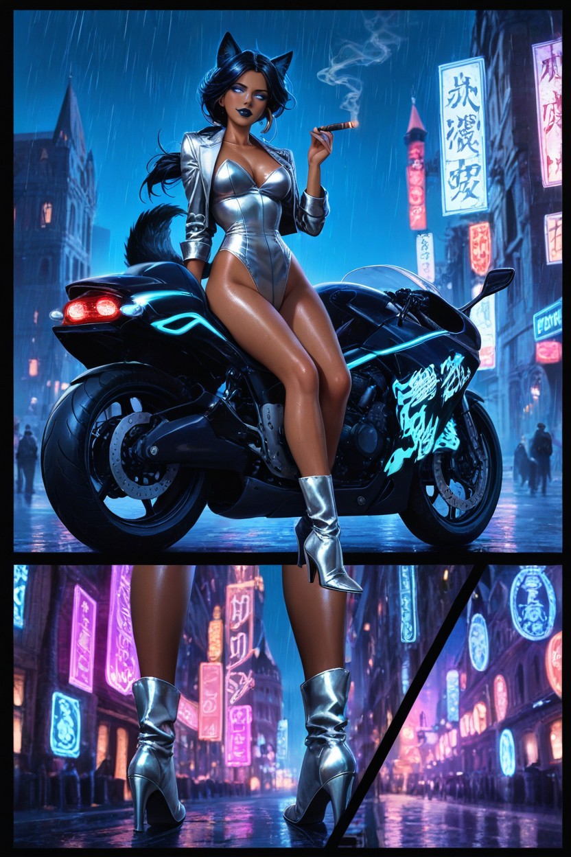 Cyberpunk City, Sheer Leotard Silver, Full Body Hentai AI Porn