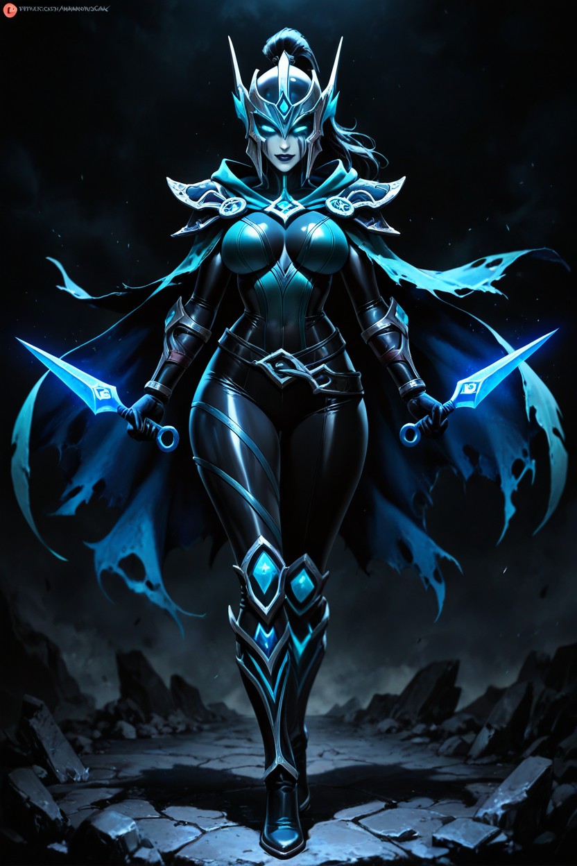 Wearing Full Body Covered, Torn Cape, Glowing Cyan Eyes Hentai IA