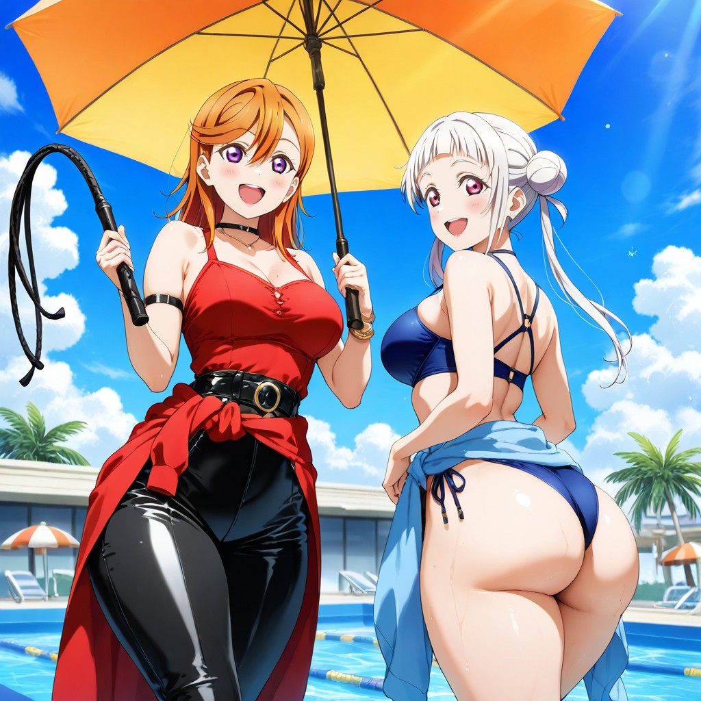 Holding A Handheld Snack Near Chest Height, Holding A Cold Summer Drink Near Chest Height, Waterslides Hentai AI Porn