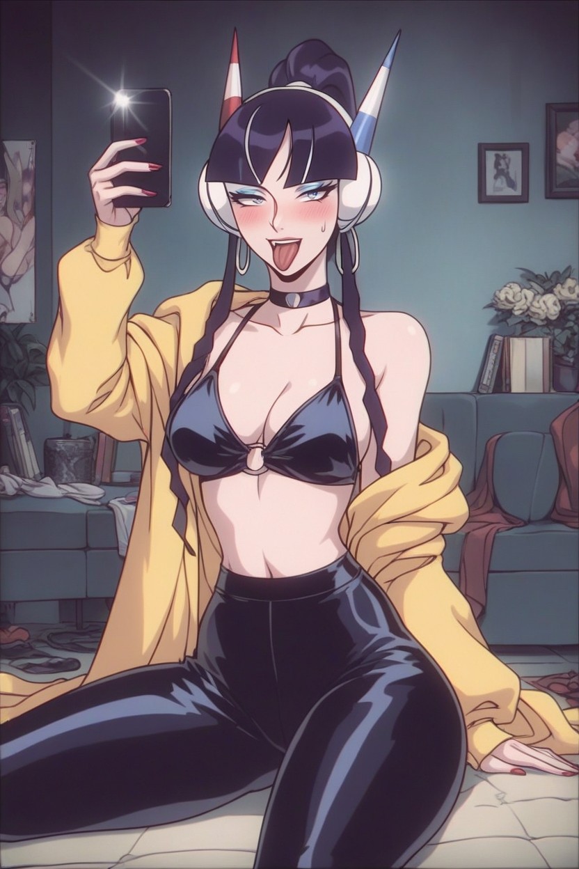 Tongue Sticking Out, Wearing A Sexy Purple Velvet High-waisted Yoga Pants And Bikini Top, Skinny Hentai AI Porn
