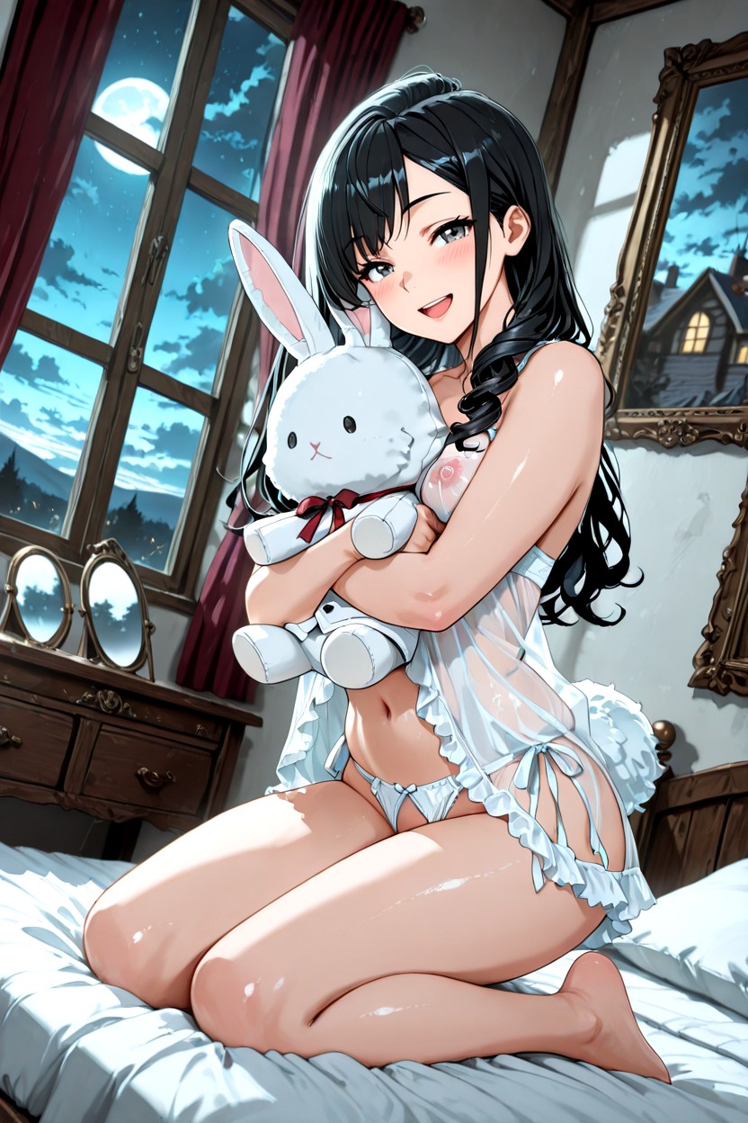 Naturally Curled Hair Strands, On Bed, Breast Nipples Visible Behind Clothes Hentai AI Porn