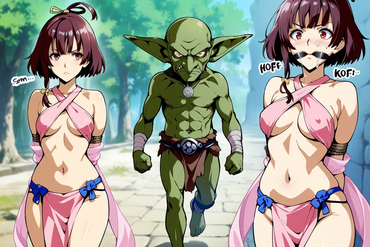 Tow Character, Female With Dark Brown Hair, Goblin Hold Female Hentai AI Porn