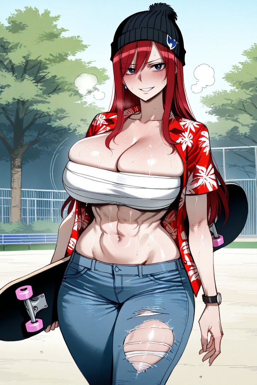Completely Unbuttoned Red Hawaiian Shirt, En Forma, Tree Hentai IA