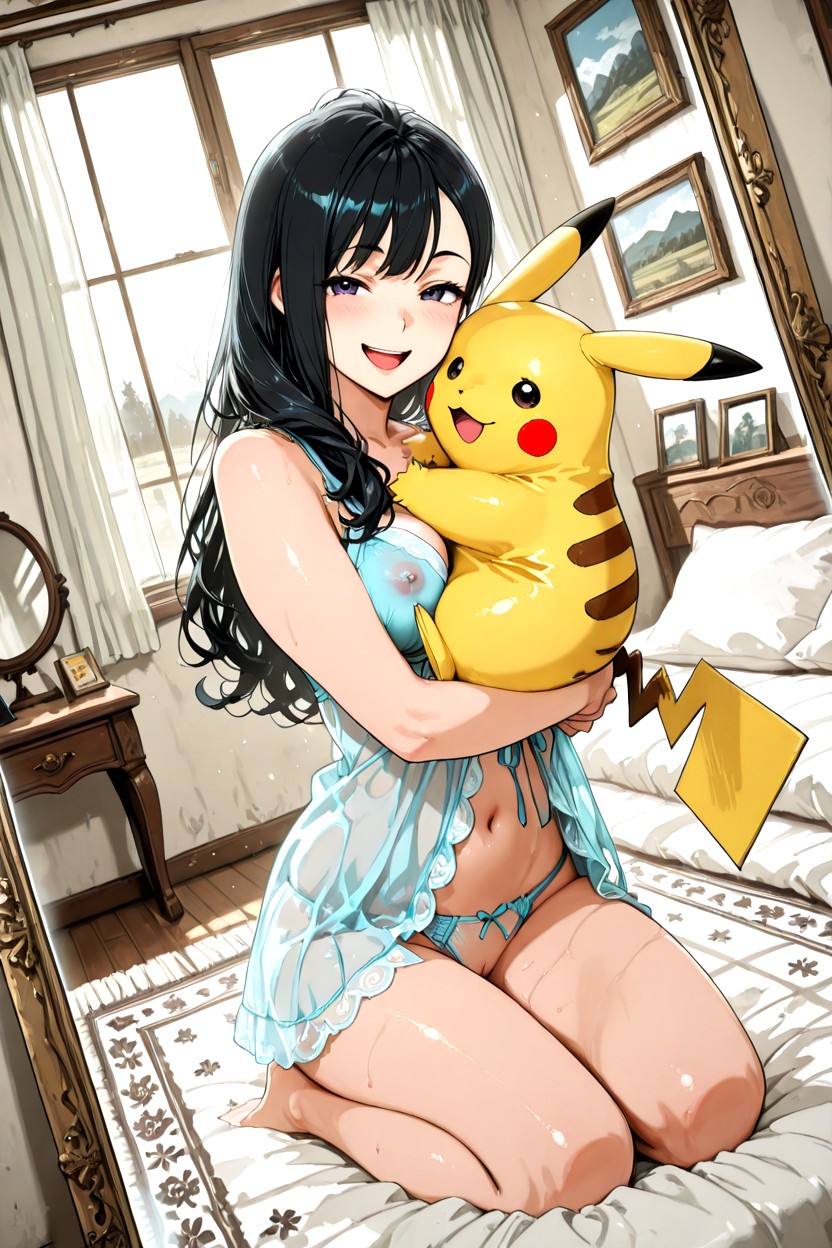 In Fancy Bedroom, Hugging Large Fluffy Pikachu Pluushie, Fancy Carpet Hentai AI Porn