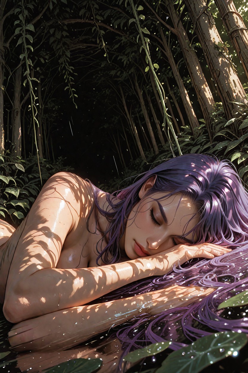 Conveying A Serene Or Blissful Expressionspectacular Lines, Lying On Her Side In A Lush, With Dewy Hentai AI Porn