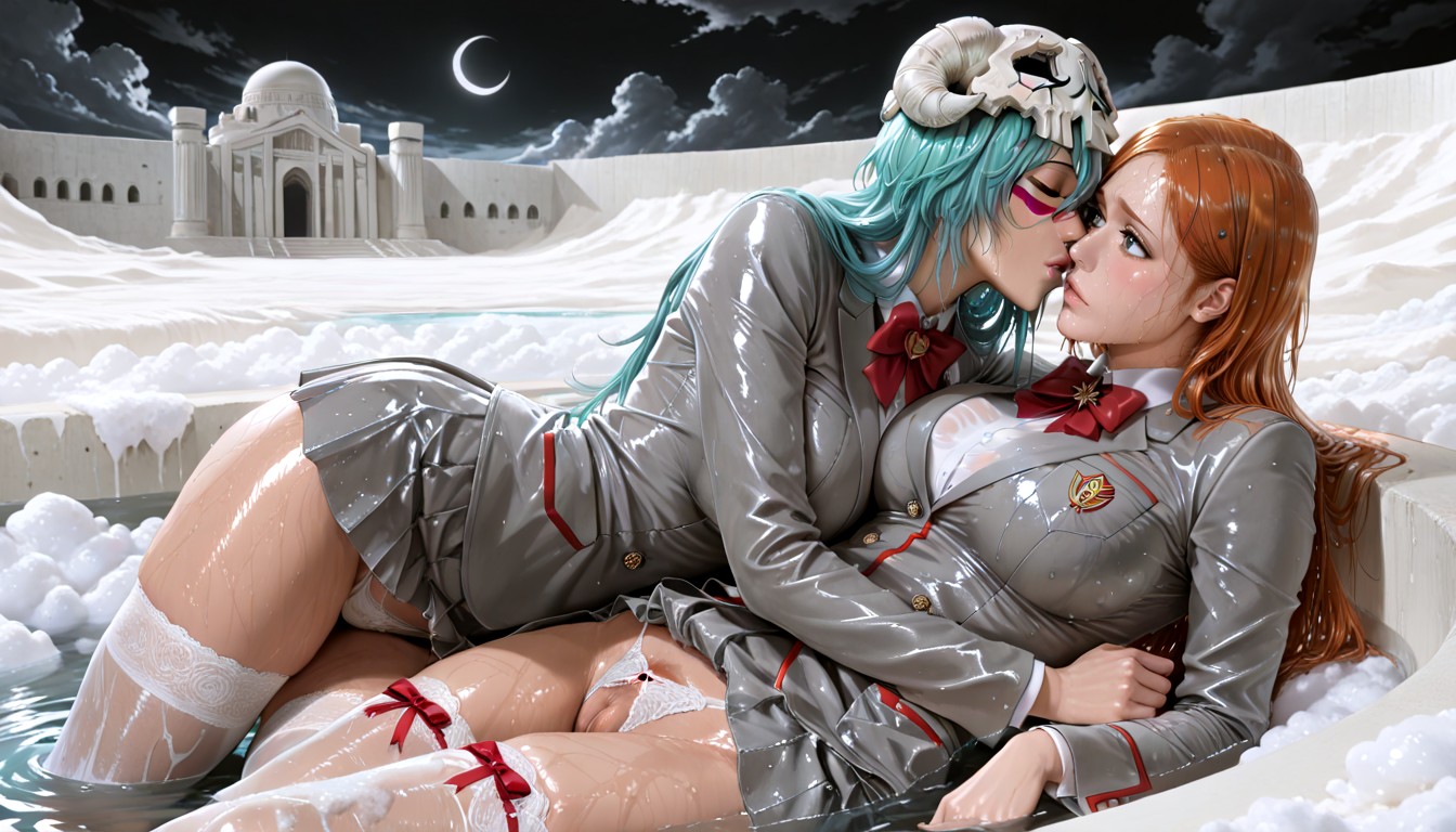 Both Women Are Wearing Shiny Wet Full Grey A-line Uniform Blazer With Full Sleeves And Red Trim, Wet Clothes, Thick Eyelashes Hentai AI Porn