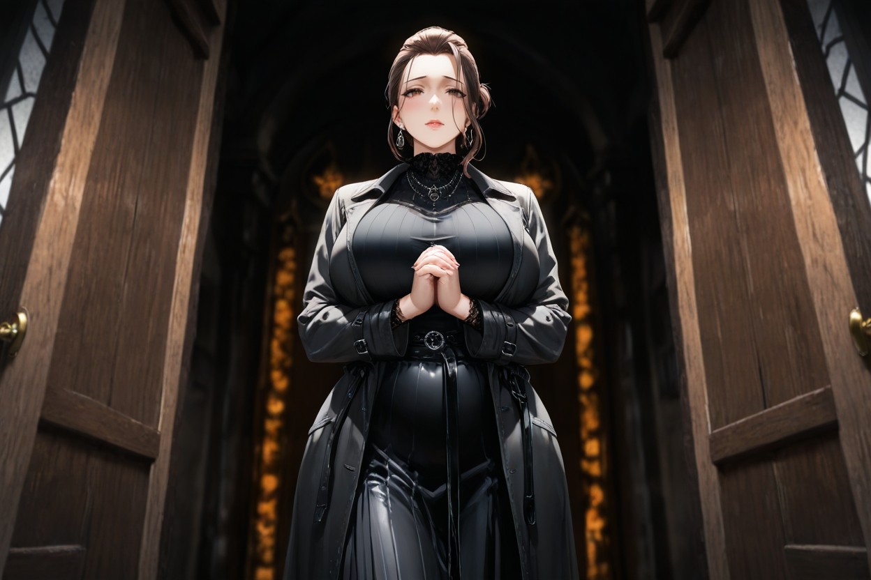 She Is Looking Directly At Two Massive, Illuminated By A Single Dim Flickering Light Source, Standing In A Massive Hentai AI Porn