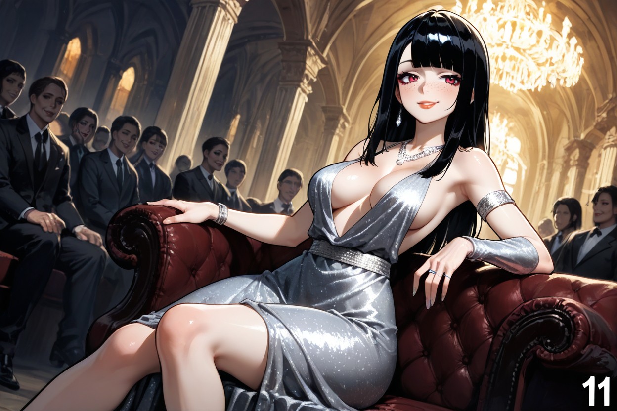 Freckles, Sitting, Elegant Silver Gown Hentai AI Porn