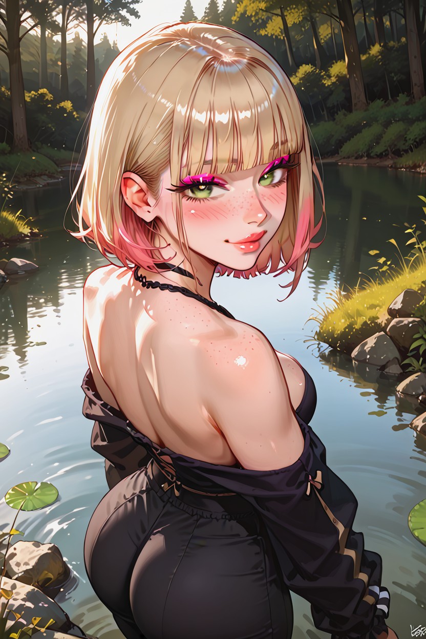 Think Black Outline, Straight Hair, Mischievous (smiling While Blushing) Hentai AI Porn