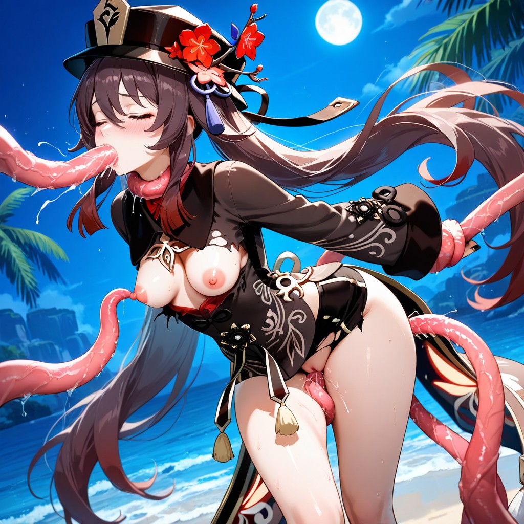 Tentacles Torn Her Black Laced Panties Exposed Pink Vagina, K, At Night Blue Moonlight Hentai AI Porn