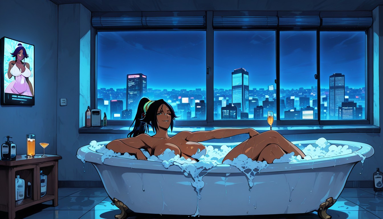 Completely Naked, Glass With A Drink, At Night Hentai IA