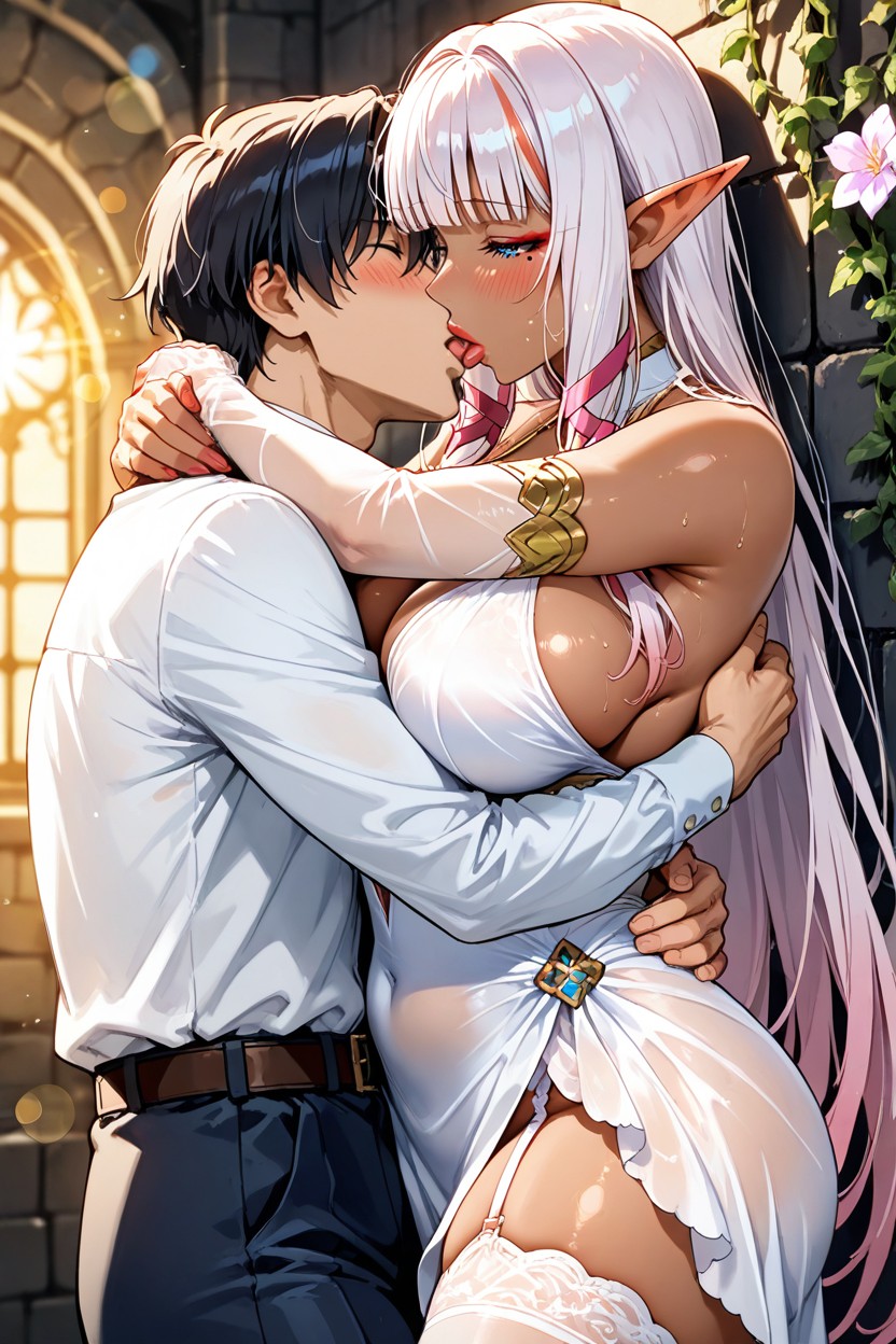 Sleeveless White Dress With Light Gray Accents, Blue Eyes, 25+ Hentai IA
