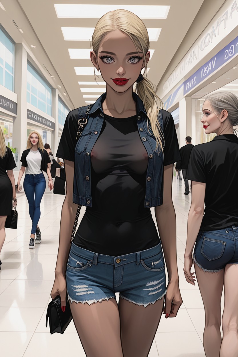 Mall, Slightly Erect Nipples Under Shirt, Grey Eyes Hentai IA