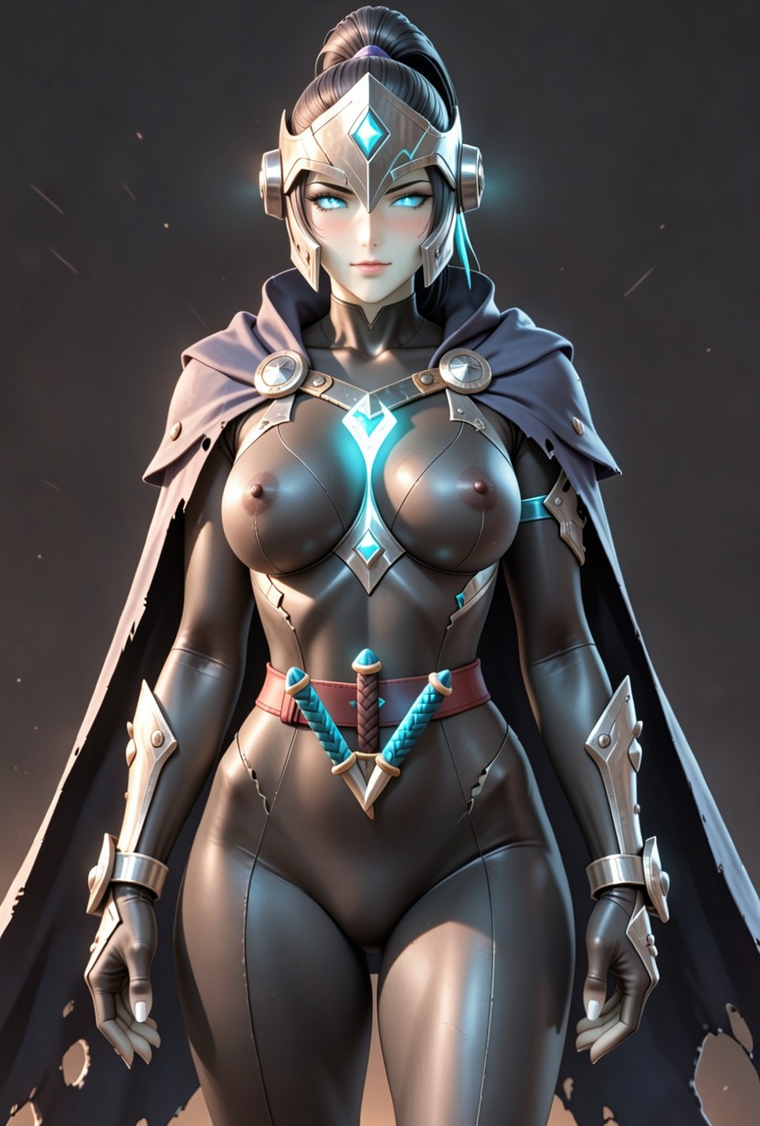 Open Helmet, Standing, High-neck Dark Bodysuit Hentai AI Porn