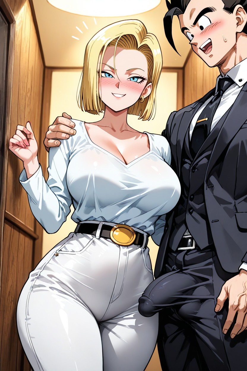 Feeling His Penis Through His Pants, Android Holding His Shoulder, Gohan Is And Against A Luxurious Wooden Wall 헨타이 AI 포르노