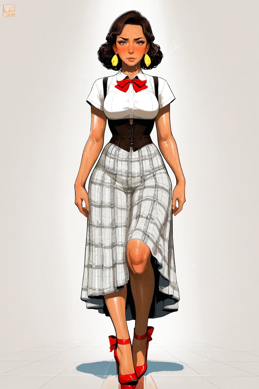 Lightweight Red And White Plaid Pattern, And An Oiled Drape That Highlights Every Curve Of The Corset-style Bodice With Adjustable Shoulder Straps, Pechos Pequeños Hentai IA