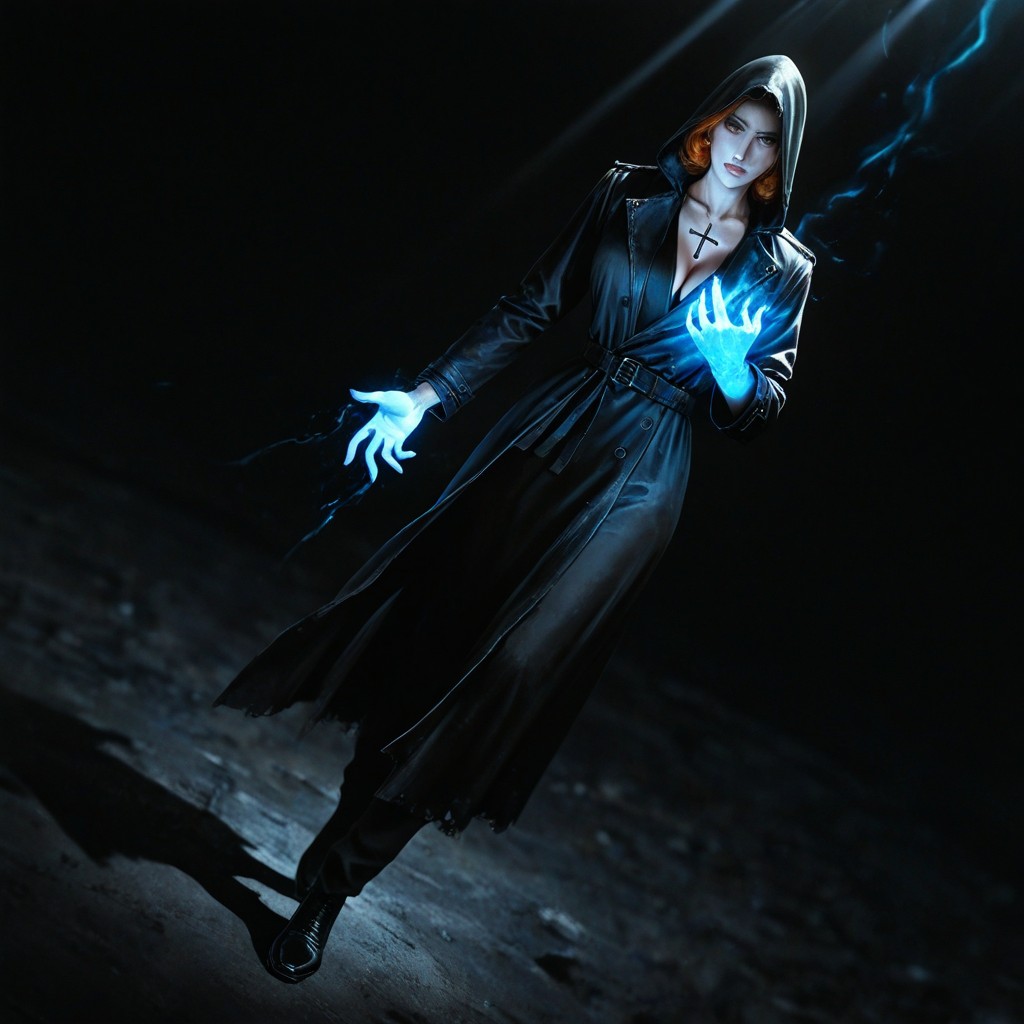 18+, Black Coat, Light Beam Coming Out Her Hand Palm Hentai IA