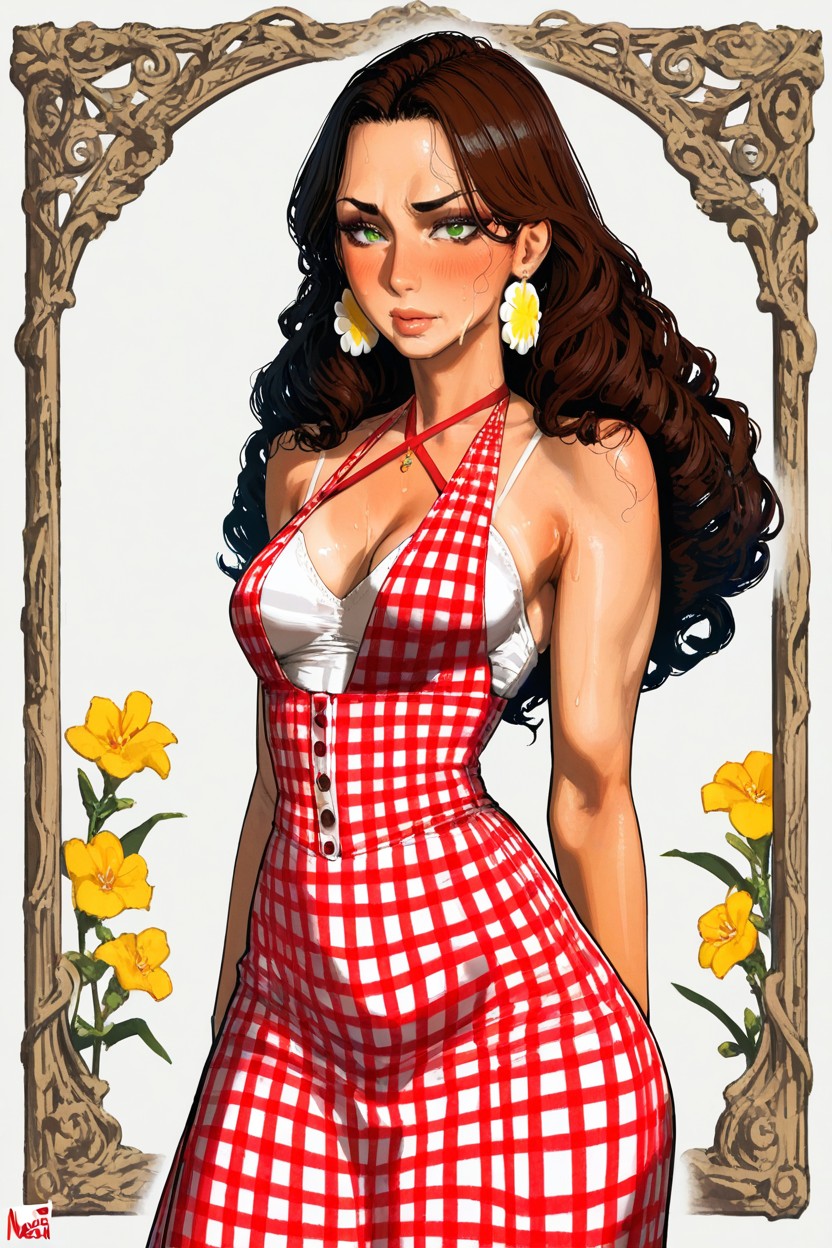 Especially Distinctive Yellow Flower-shaped Earrings That Contrast Beautifully With Her Dark Hair Her Overall Appearance Is Elegant, Thick Clean Lineart With Color-coordinated Outlines, Art Style Neisan Hentai IA