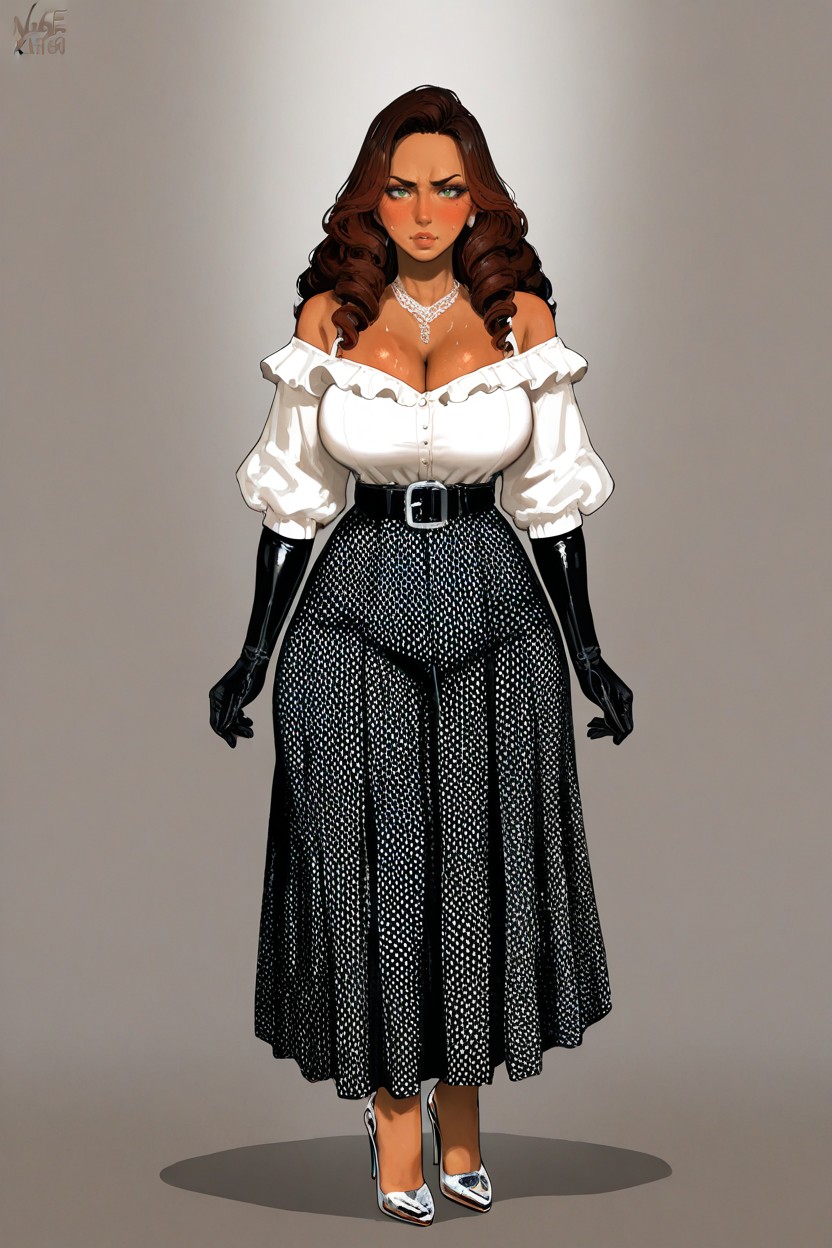 Subtle Golden And Warm Brown Undertones Around The Pupils, 25+, A Black High-waisted Floor-length Pleated Skirt With A Wide And Generous Flare Hentai IA