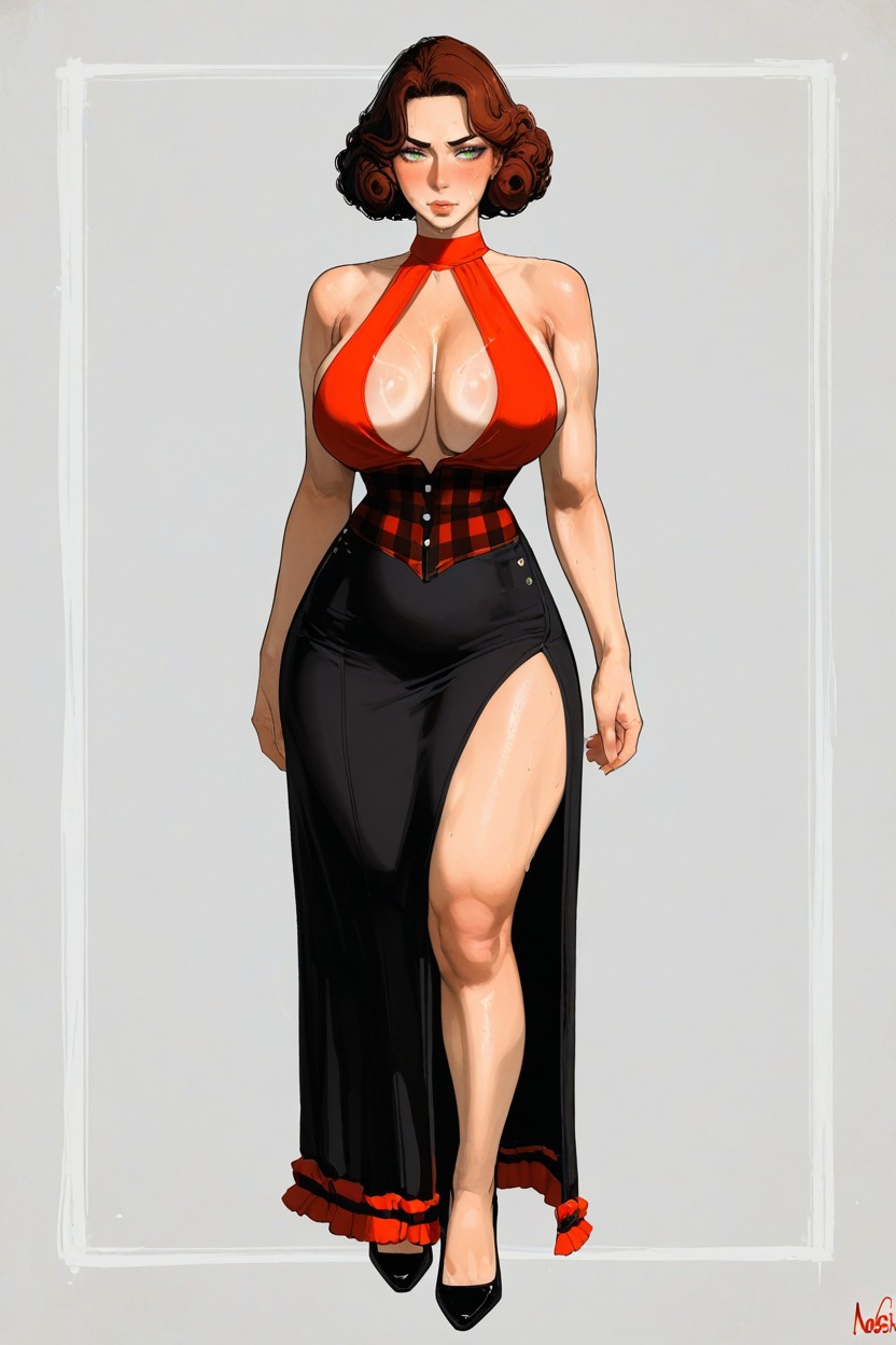 Almond-shaped, Fitted Retro-style Dress Made Of Red And White Gingham Fabric, Toned Arms And Legs Hentai AI Porn