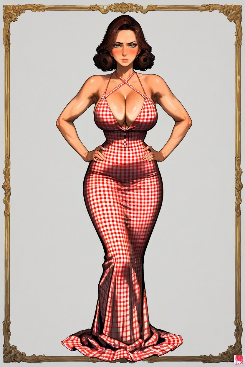 Confident, Bordered With The Same White Ruffled Trim That Also Extends Along The Lower Hem Of The Skirt And Continues Down The Back Along The Seam Of The Back Slit, Soft Brown Eyeshadow Hentai IA