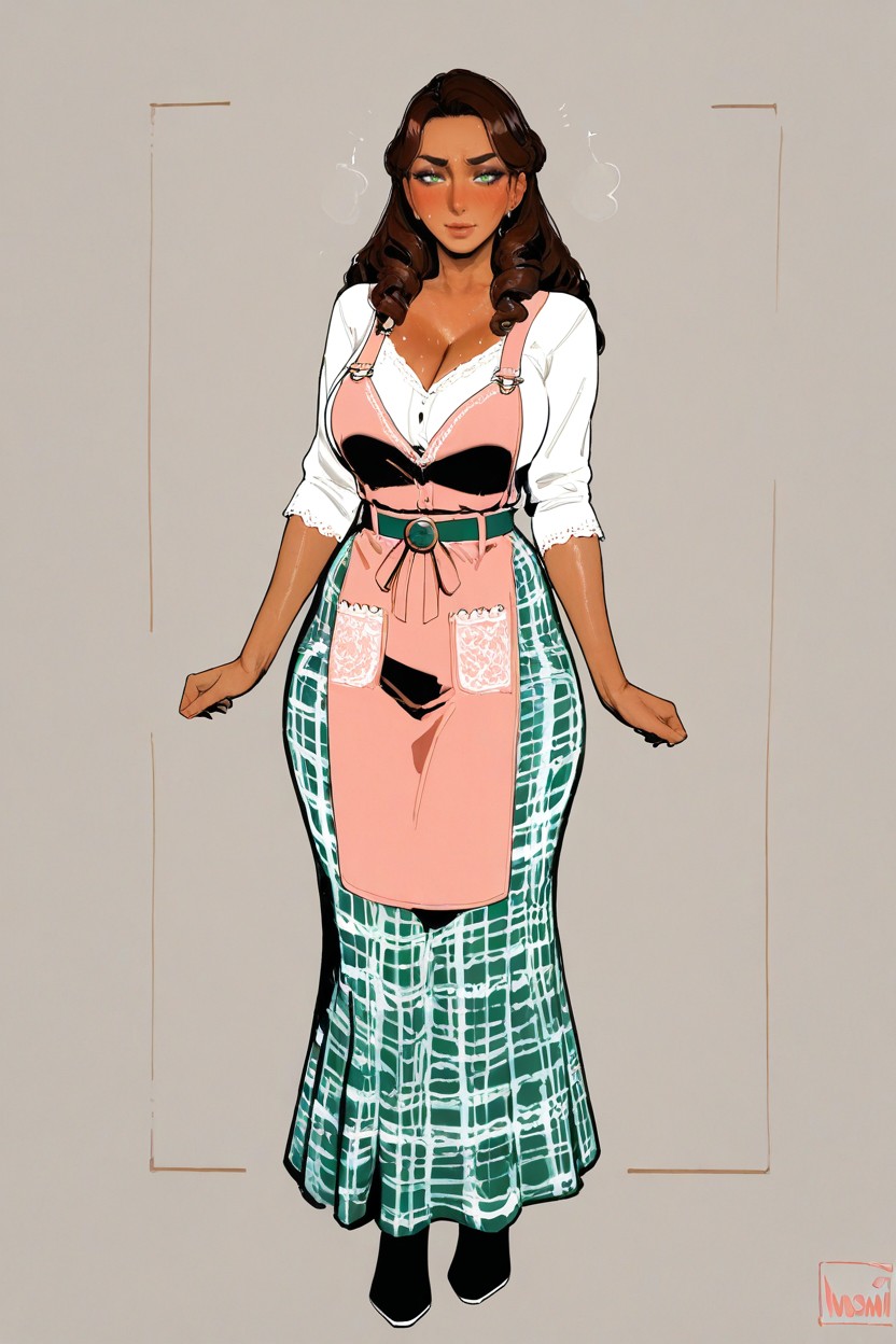 Soft Brown Eyeshadow, Smooth Skin With A Natural Luminous Finish And Delicate Highlights Across The Face, A Light Green And Beige Plaid Skirt With A Wide And Generous Flare Hentai IA