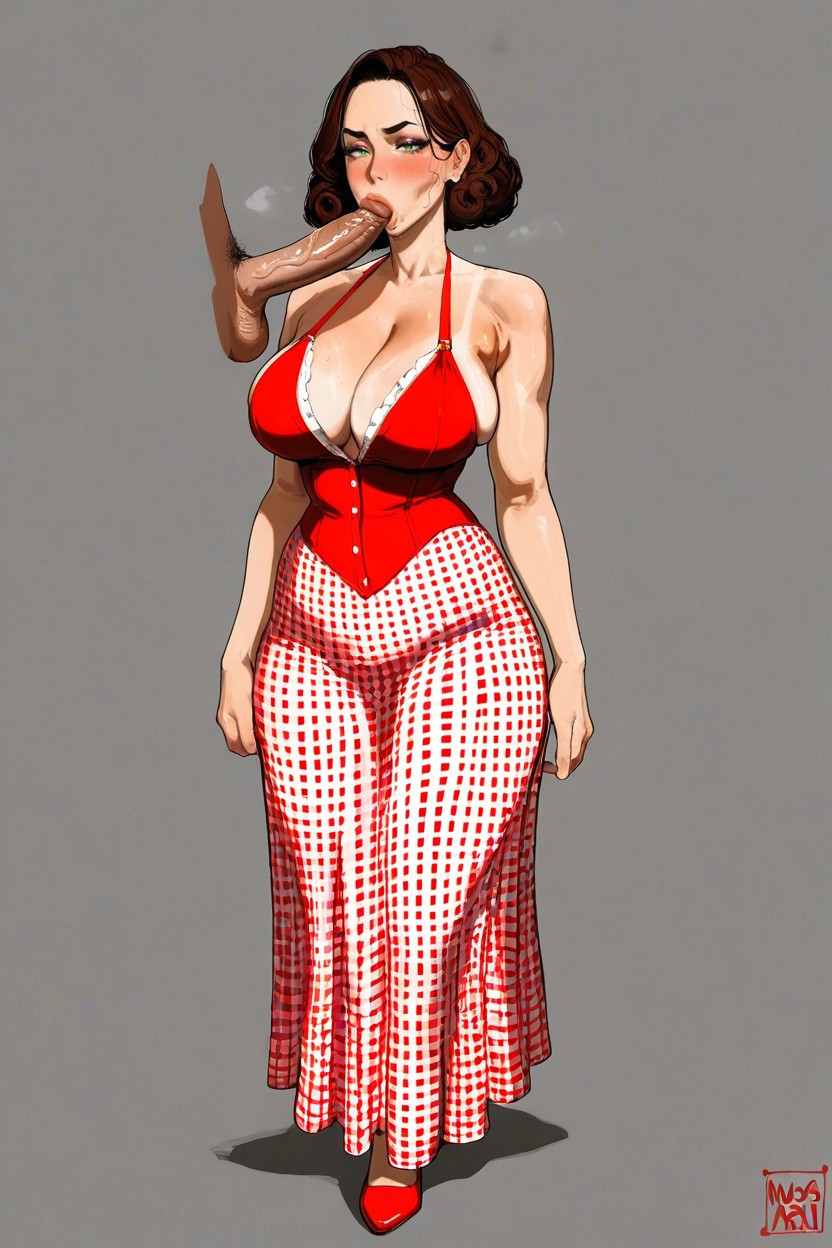 And White Ruffled Trim Along The Neckline And Hem The Long Skirt Features A High, Thick Clean Lineart With Color-coordinated Outlines, Detailed Voluminous Hair Hentai IA