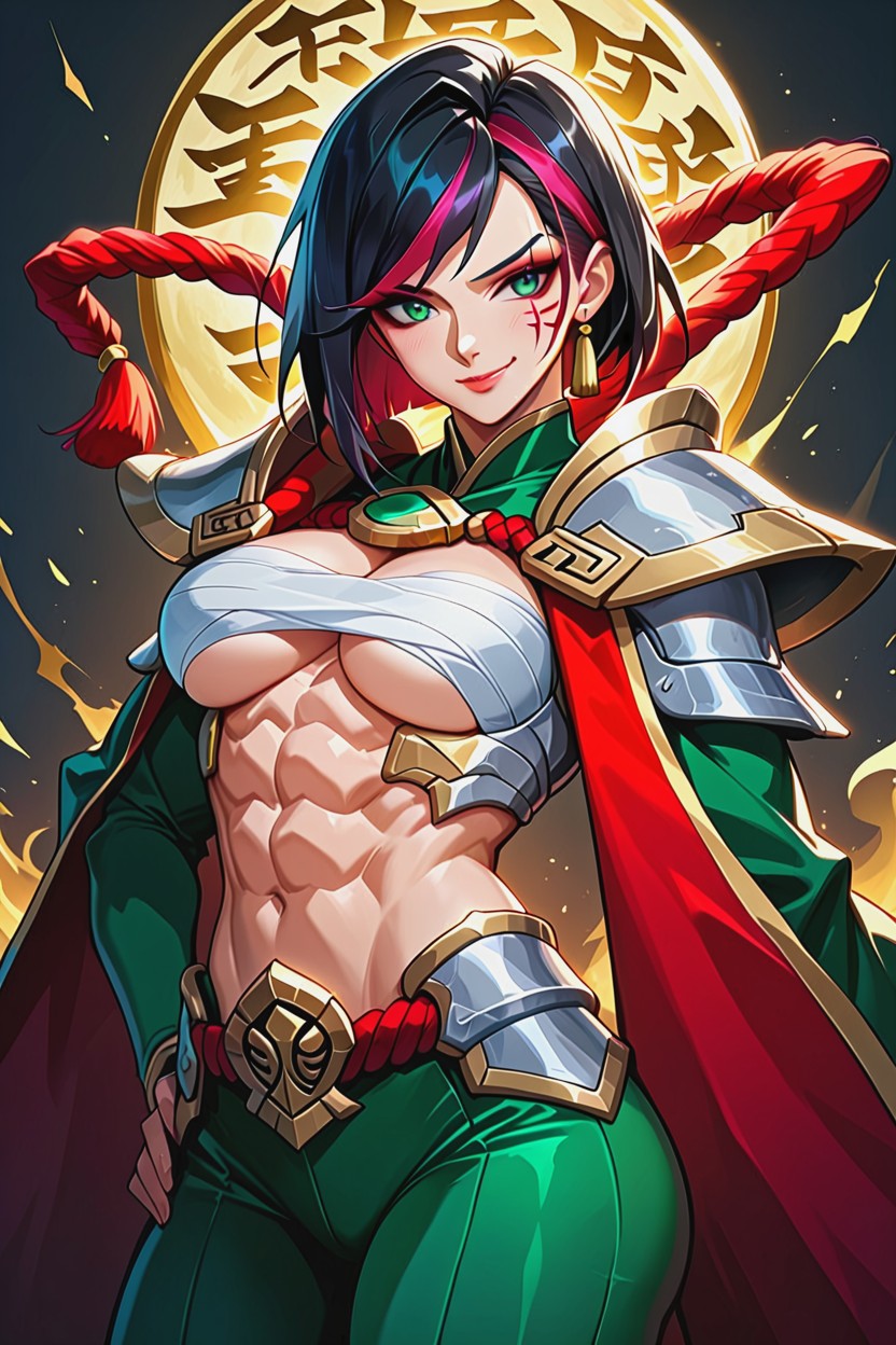 Fiora Laurent From League Of Legends, Her White Top Hugging Her Breast Tightly And Light Armored Shoulders And Arms Her Green Leggings With A Golden Strib Hugging Her Thighs And Booty, Her Black Hair With Two Redish Cascaded On Each Side On The Front Of Her Hair She In Her Original Duelist Outfit Hentai IA