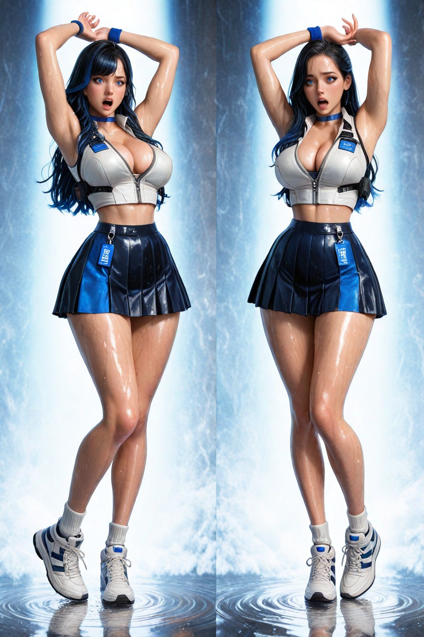 Brazos Arriba, Sorprendido, And Subtle Blue Mechanical Details A Silver Front Zipper Runs Vertically Down The Center And Is Left Halfway Open Hentai IA