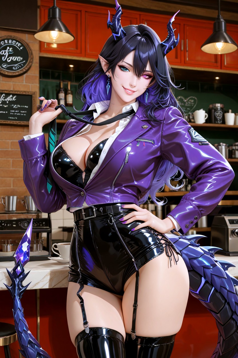 Deep Cleavage, Cafe Background, Pelo Multicolor Hentai IA