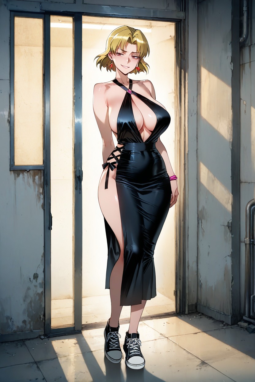 Contrasting Red|glossy Black|neon Pink Satin Ribbons Tied In Loose, Restrictive Bows That Barely Conceal Her Most Intimate Areas The Dress Is A Of Perversion, Emphasizing Her Curvy|athletic| Physique With Bold|shameless|defiant Transparency In A Jarring Hentai IA